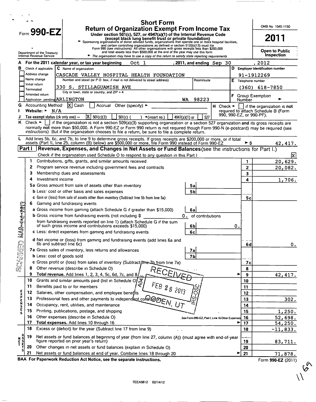 Image of first page of 2011 Form 990EZ for Cascade Valley Health Foundation