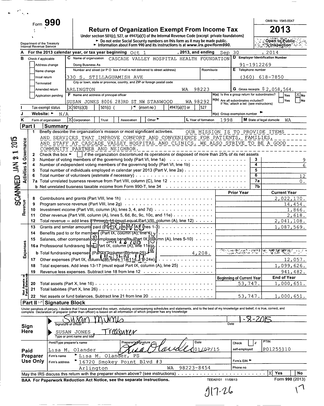 Image of first page of 2013 Form 990 for Cascade Valley Health Foundation