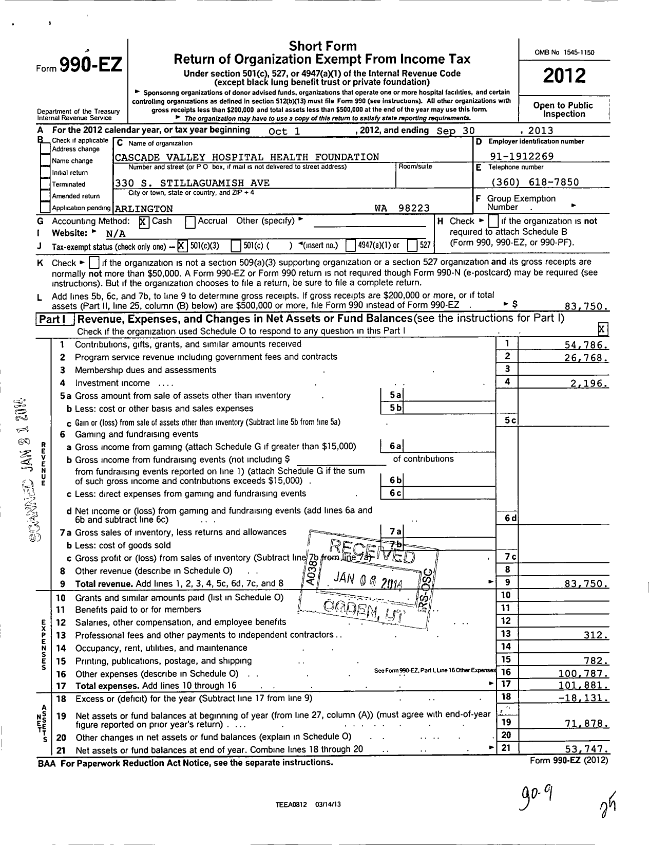 Image of first page of 2012 Form 990EZ for Cascade Valley Health Foundation