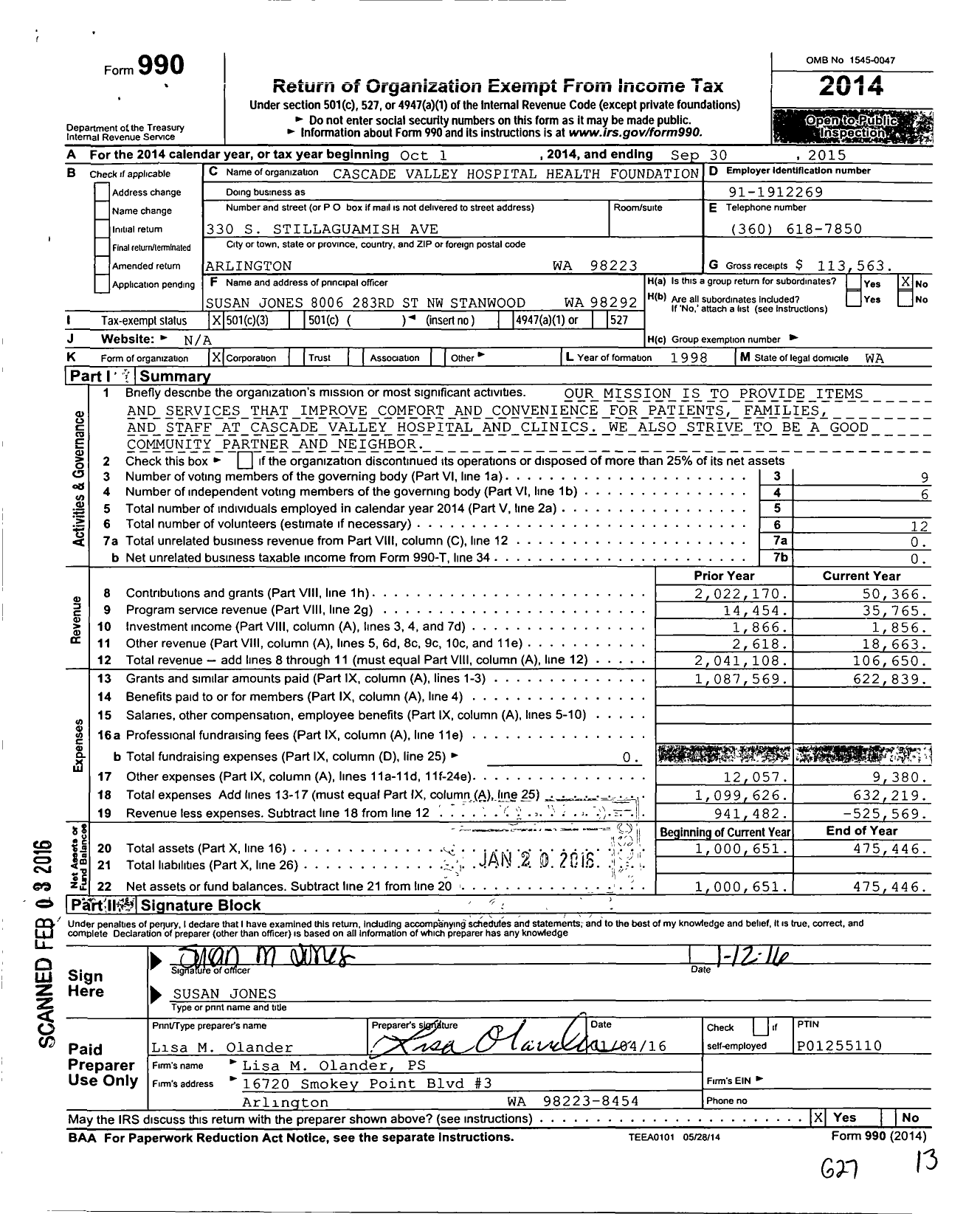 Image of first page of 2014 Form 990 for Cascade Valley Health Foundation