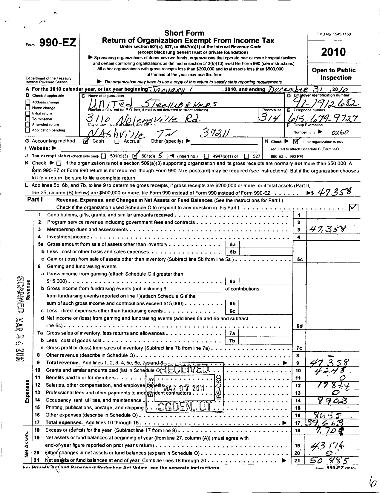 Image of first page of 2010 Form 990EO for United Steelworkers - 09426 Local