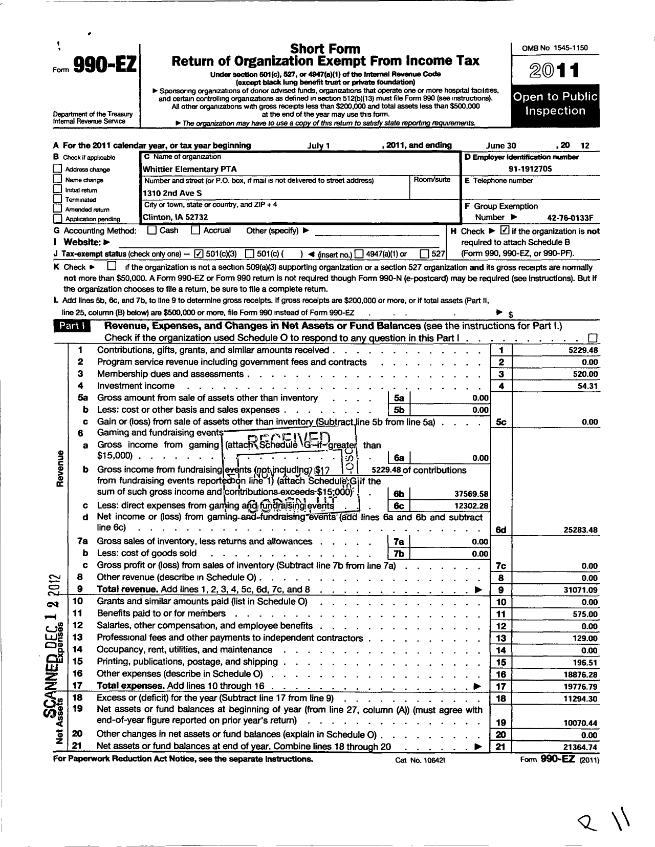 Image of first page of 2011 Form 990EZ for PTA Iowa Congress / Whittier Elementary PTA