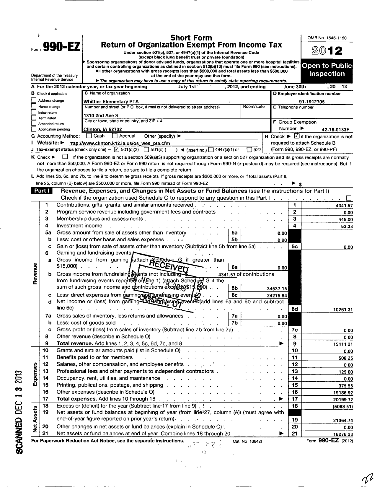 Image of first page of 2012 Form 990EZ for PTA Iowa Congress / Whittier Elementary PTA