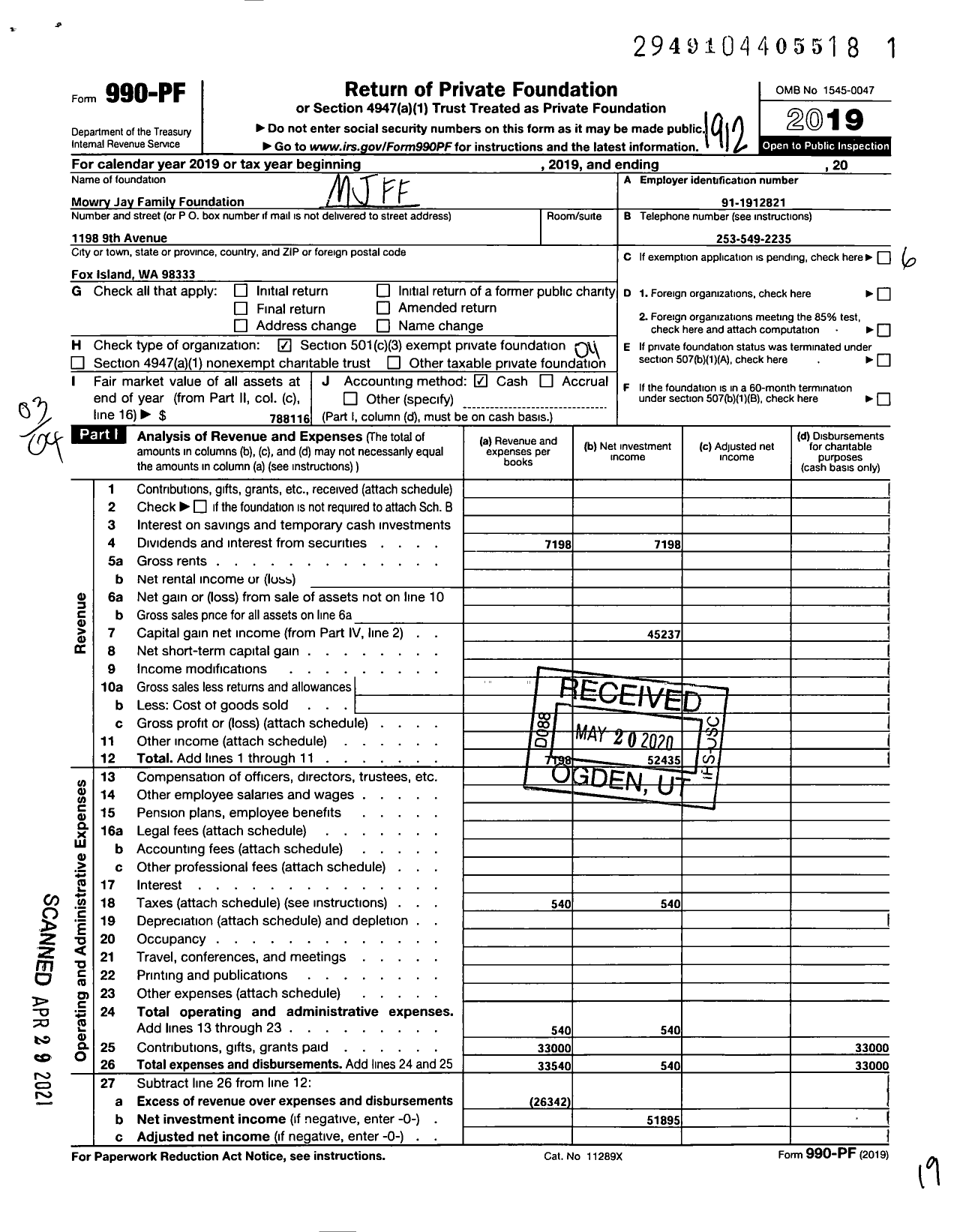 Image of first page of 2019 Form 990PF for Mowry Jay Family Foundation