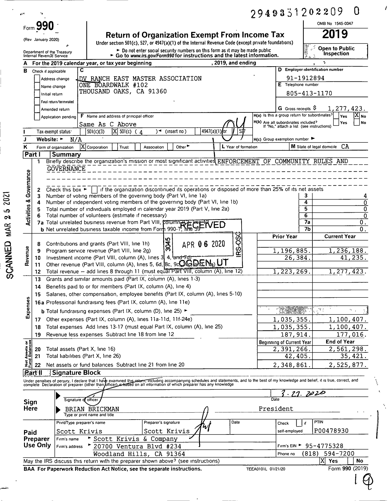 Image of first page of 2019 Form 990O for DV Ranch East Master Association