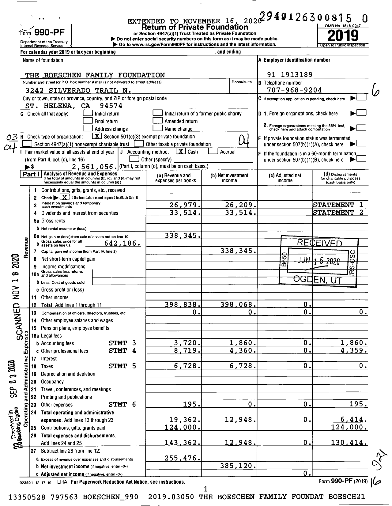 Image of first page of 2019 Form 990PF for The Boeschen Family Foundation