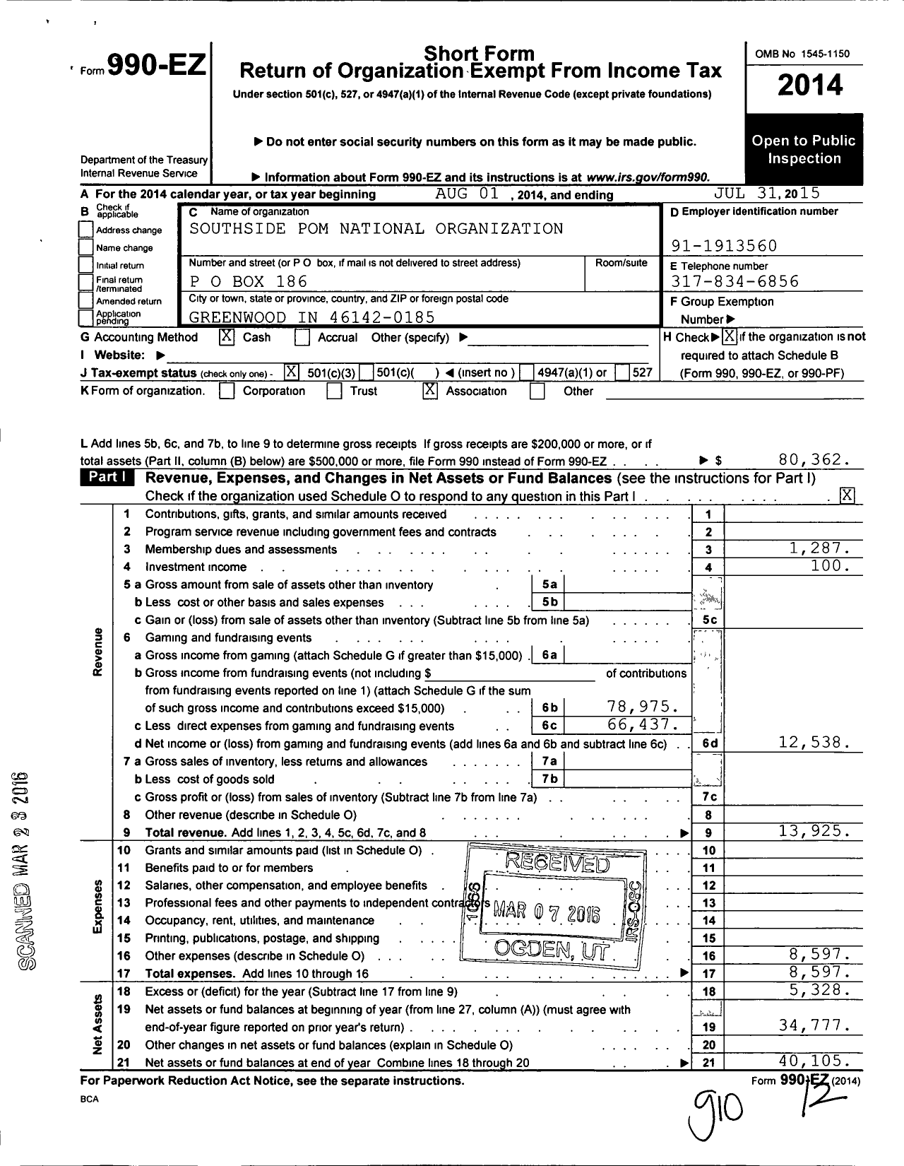 Image of first page of 2014 Form 990EZ for National Organization of Mothers of Twins Clubs / Southside Pom