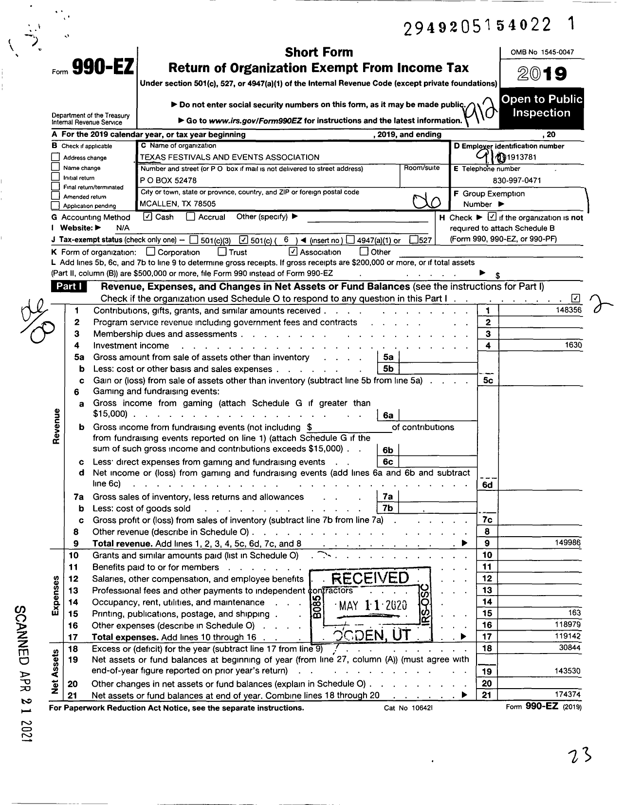 Image of first page of 2019 Form 990EO for Texas Festival and Events Association