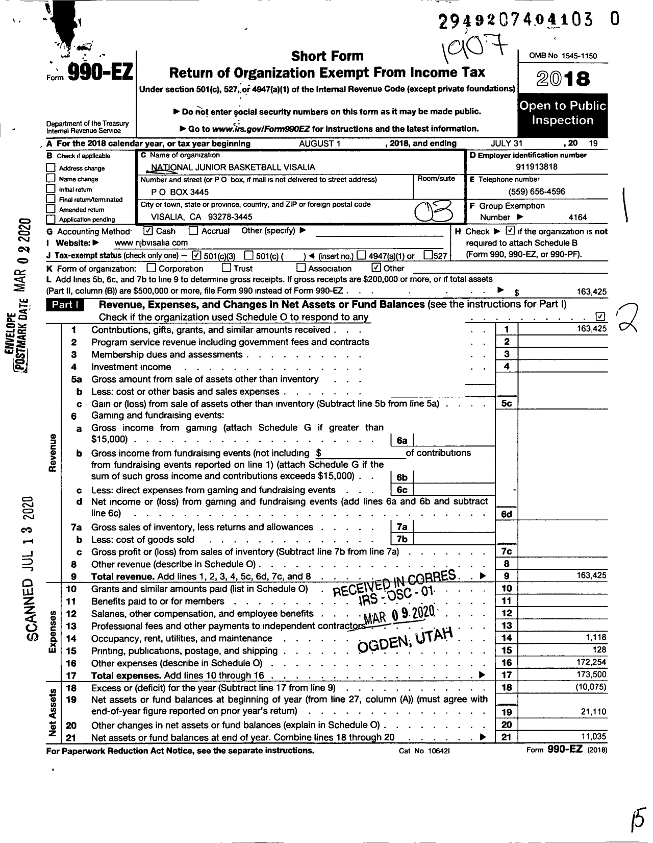 Image of first page of 2018 Form 990EZ for National Junior Basketball Visalia