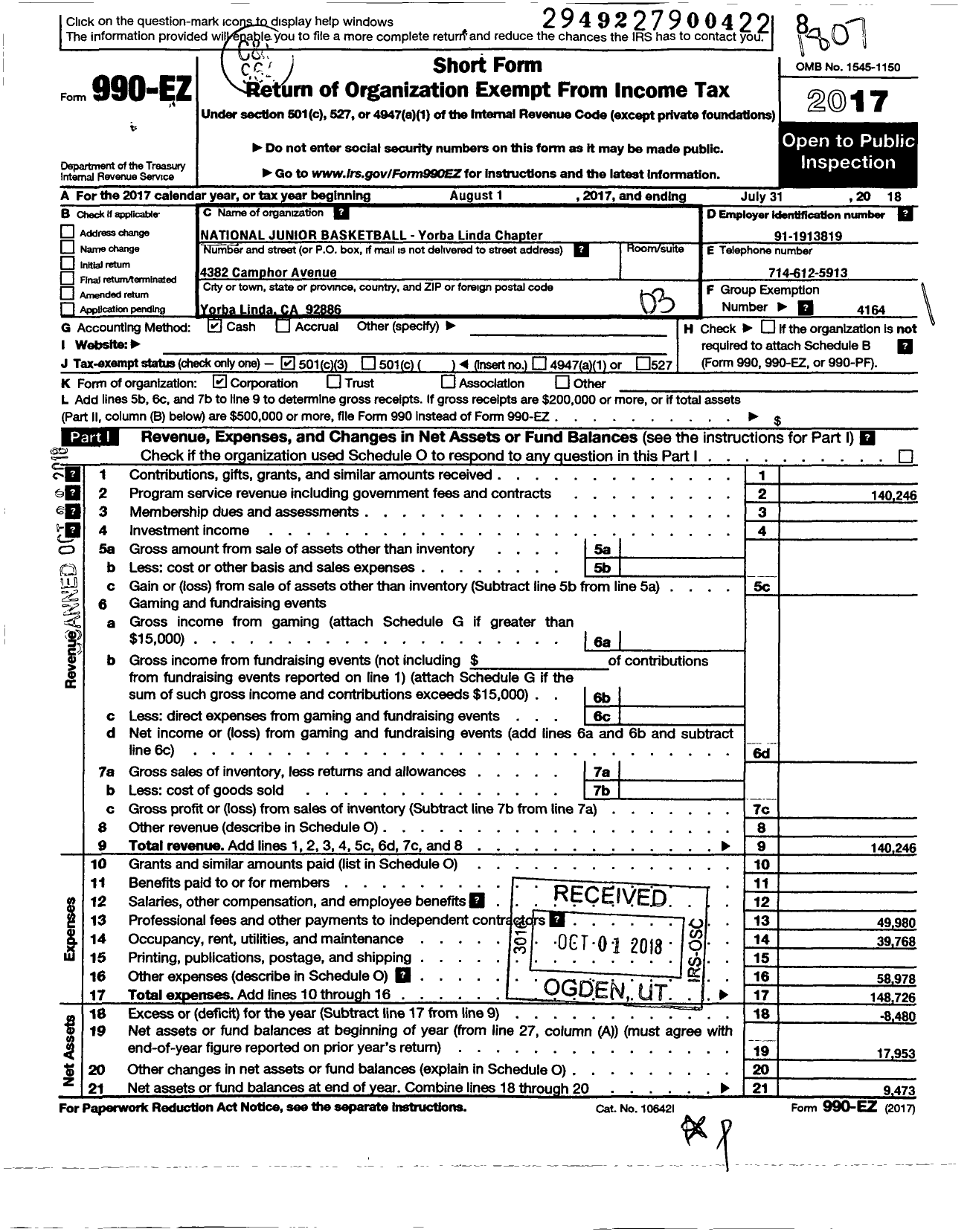 Image of first page of 2017 Form 990EZ for NATIONAL JUNIOR BASKETBALL Yorba Linda Chapter