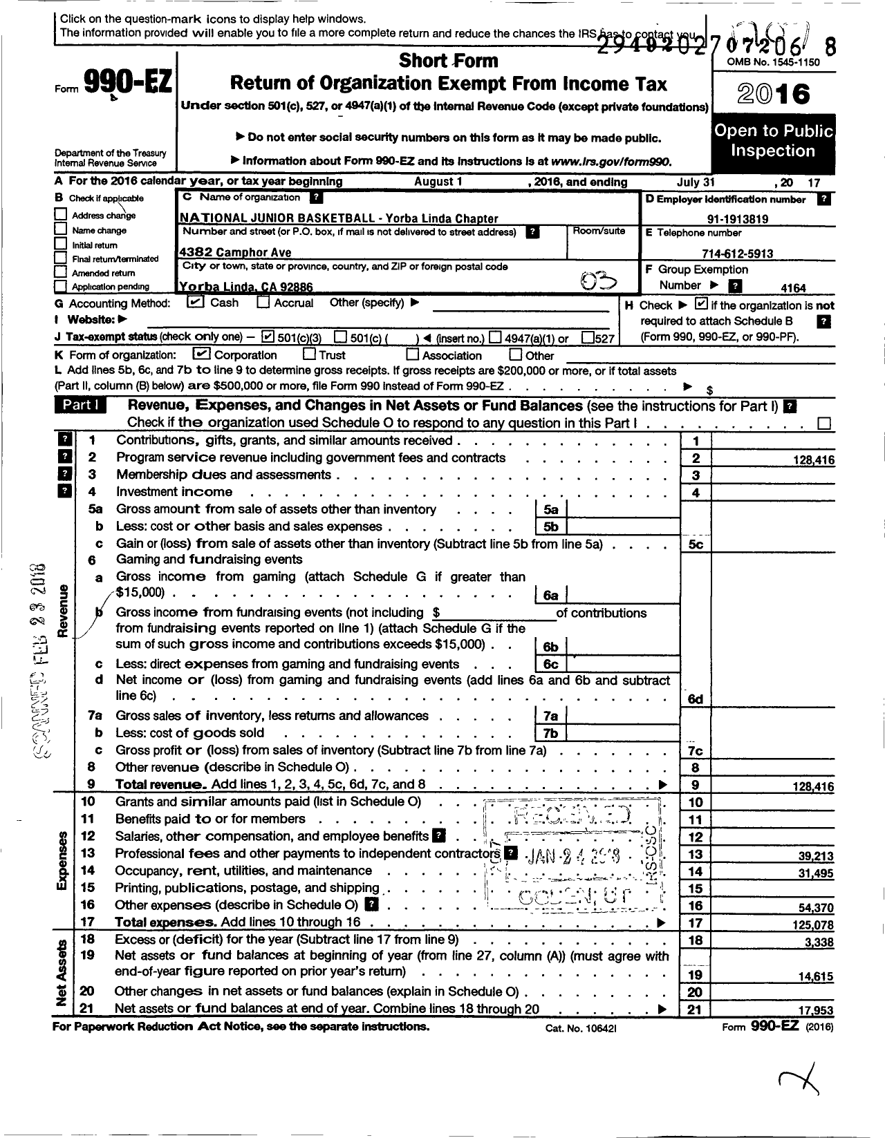 Image of first page of 2016 Form 990EZ for NATIONAL JUNIOR BASKETBALL Yorba Linda Chapter