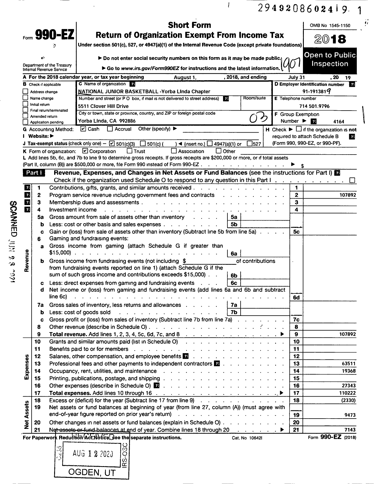 Image of first page of 2018 Form 990EZ for NATIONAL JUNIOR BASKETBALL Yorba Linda Chapter