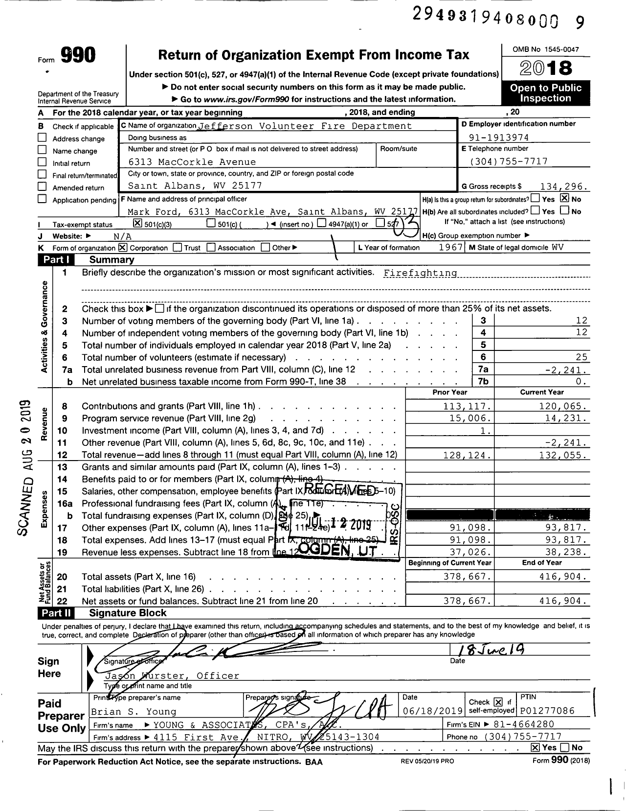 Image of first page of 2018 Form 990 for Jefferson Volunteer Fire Department