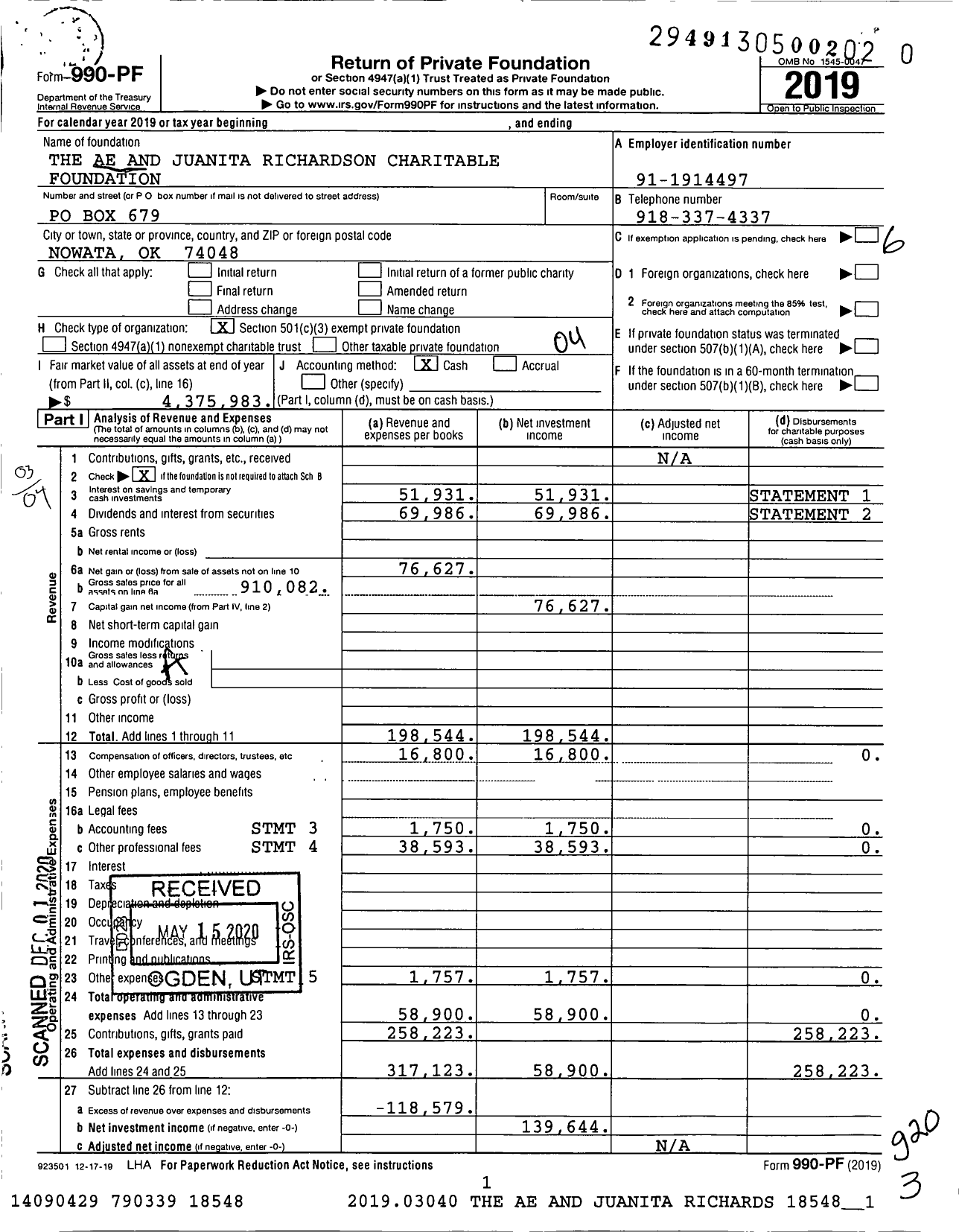 Image of first page of 2019 Form 990PF for The Ae and Juanita Richardson Charitable Foundation