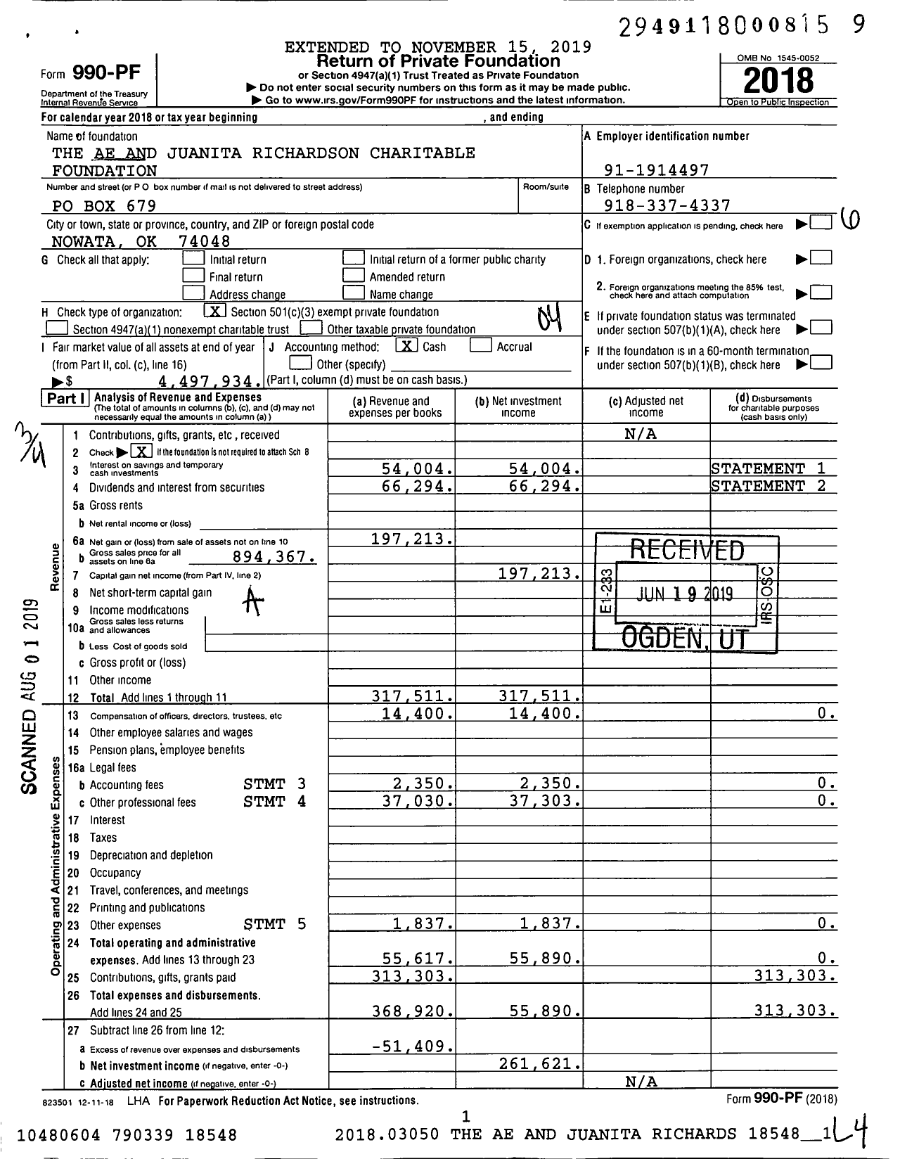 Image of first page of 2018 Form 990PF for The Ae and Juanita Richardson Charitable Foundation