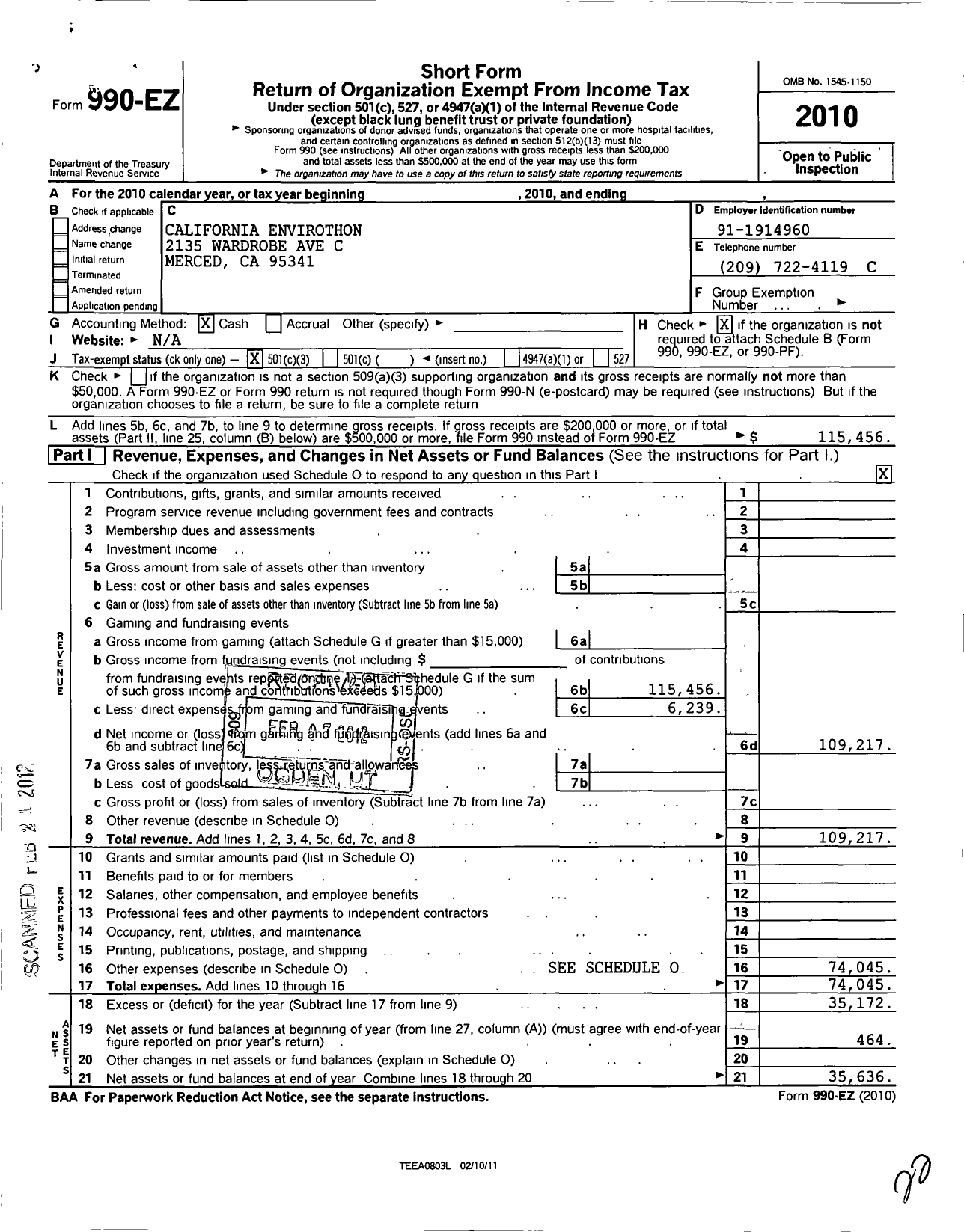 Image of first page of 2010 Form 990EZ for California Envirothon