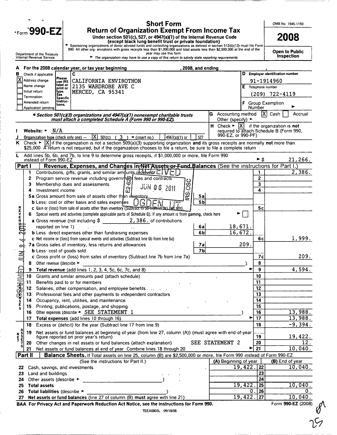 Image of first page of 2008 Form 990EZ for California Envirothon