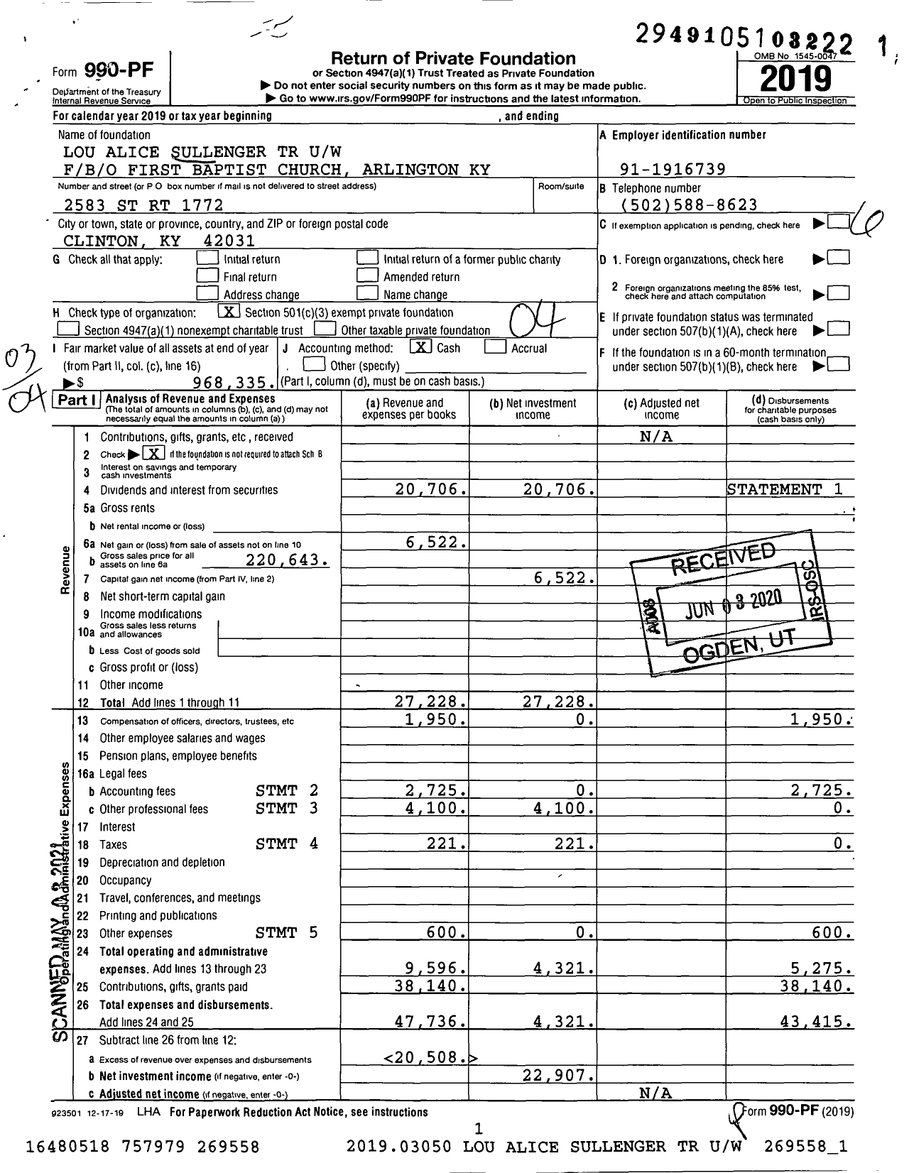 Image of first page of 2019 Form 990PF for Lou Alice Sullenger TR Uw Fbo / Baptist / O First Baptist Church Arlington Ky