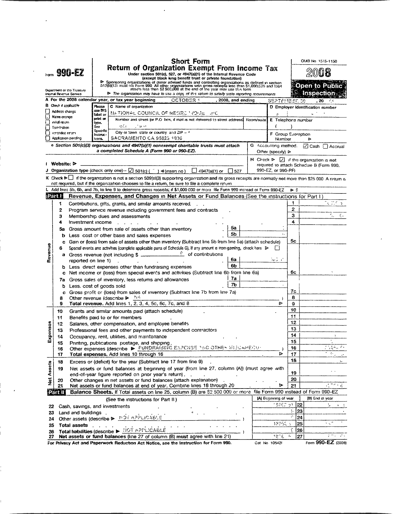 Image of first page of 2008 Form 990ER for National Council of Negro Women / Ca031 Sacremento Valley Section