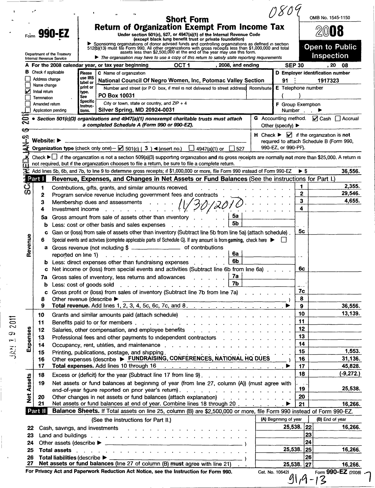 Image of first page of 2007 Form 990EZ for National Council of Negro Women / MD007 Potomac Valley Section