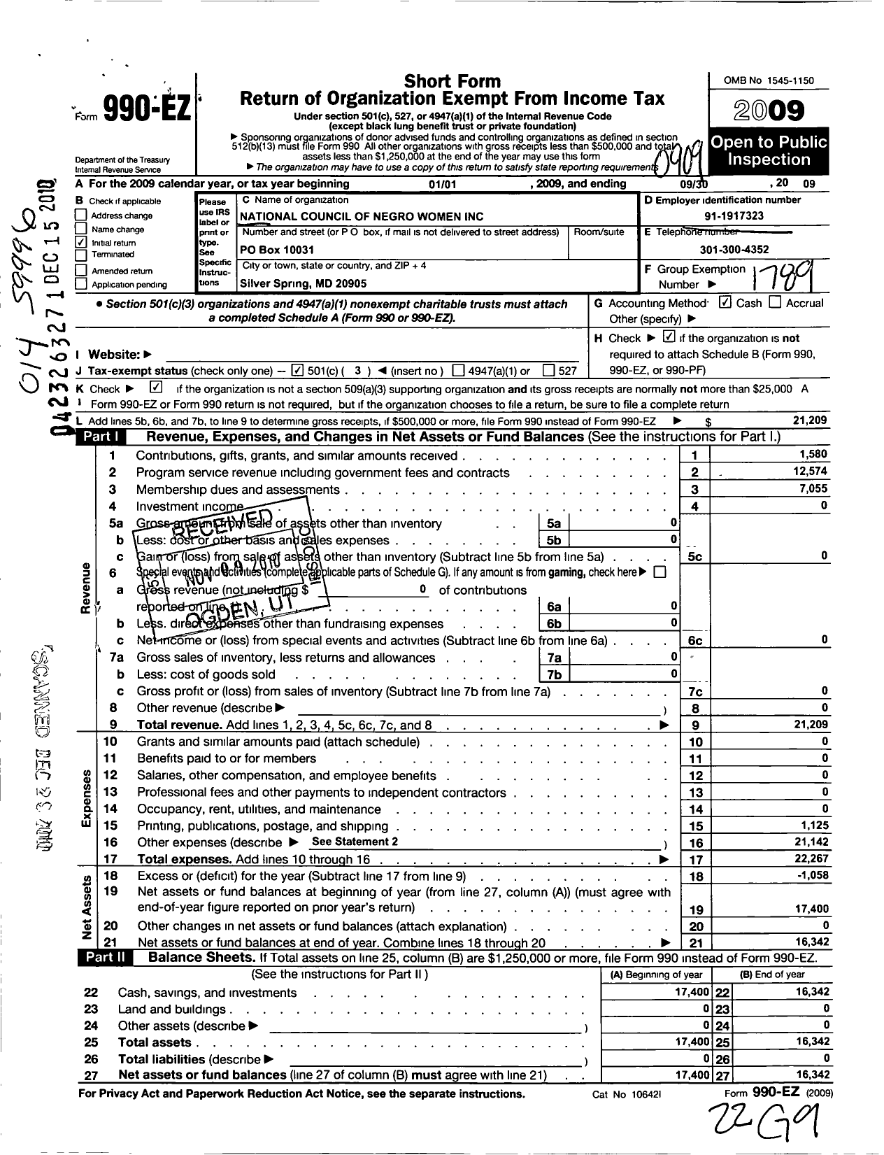 Image of first page of 2008 Form 990EZ for National Council of Negro Women / MD007 Potomac Valley Section