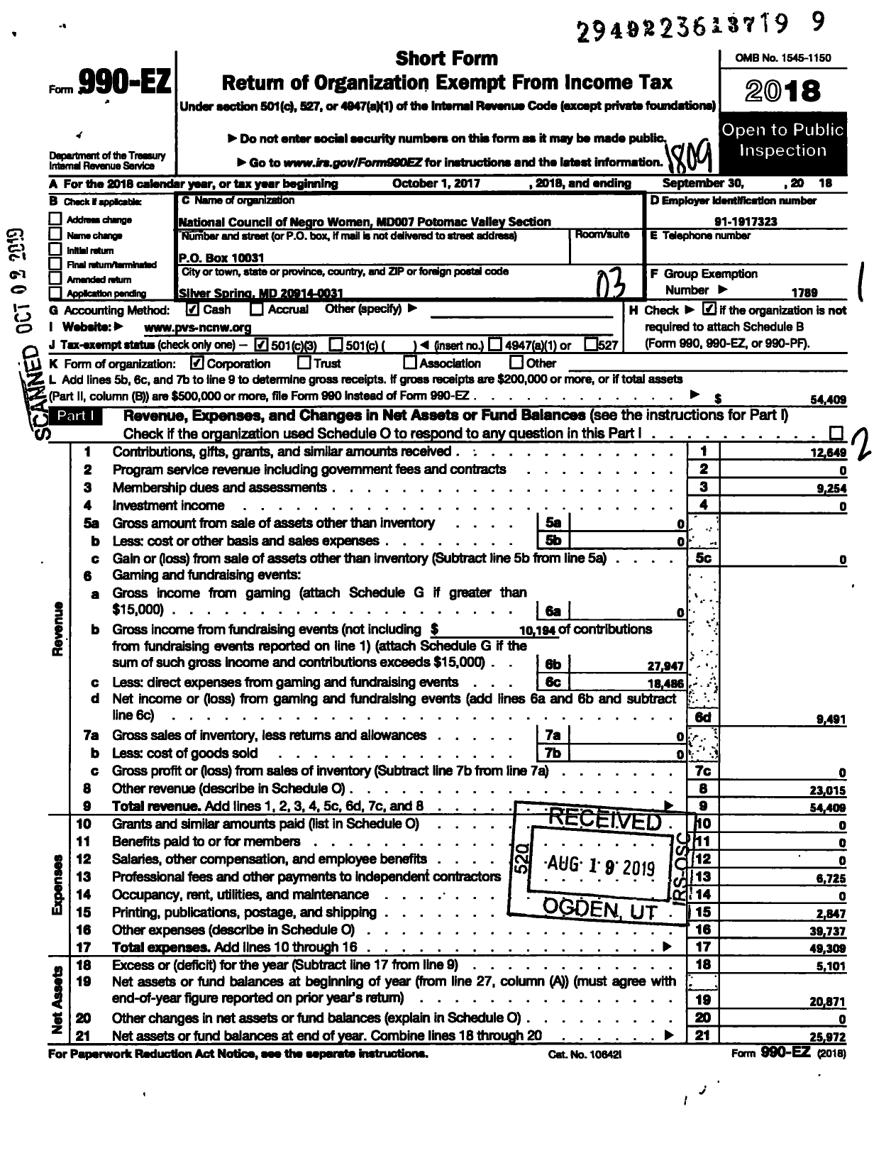 Image of first page of 2017 Form 990EZ for National Council of Negro Women / MD007 Potomac Valley Section