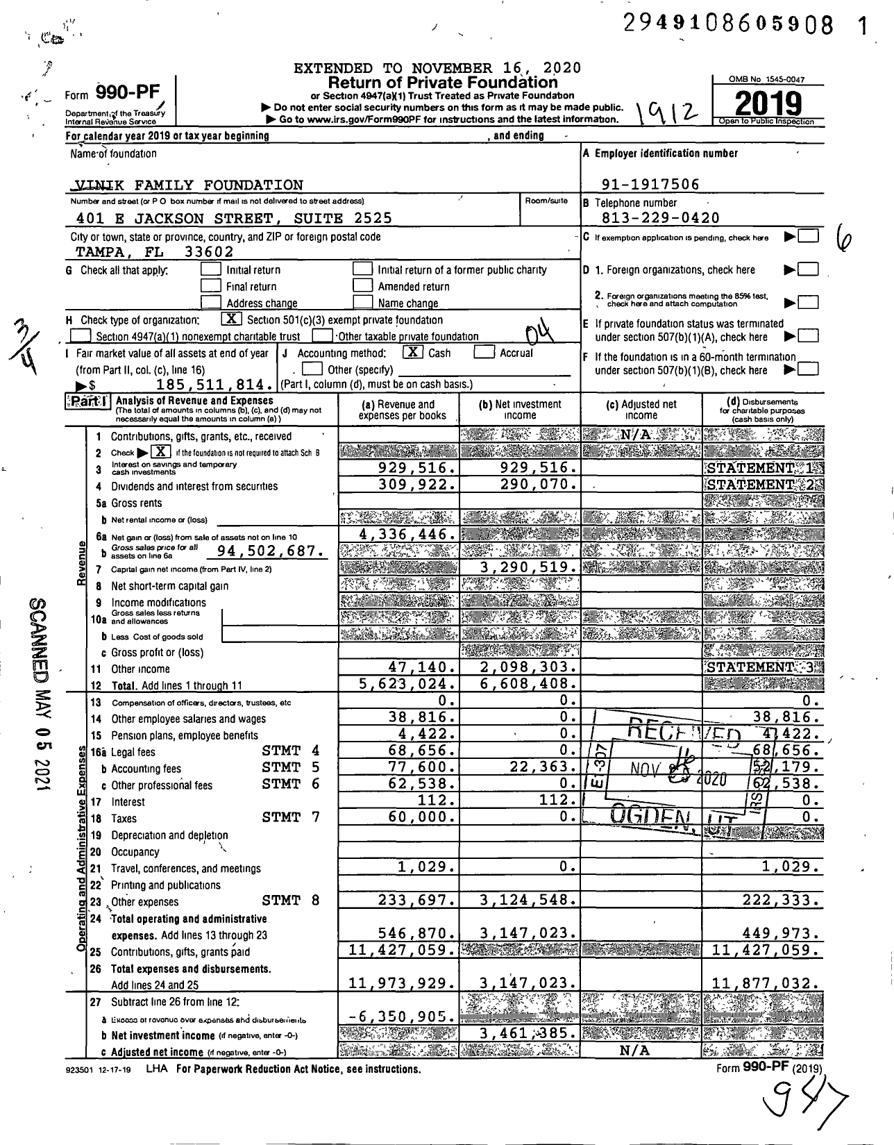 Image of first page of 2019 Form 990PF for Vinik Family Foundation