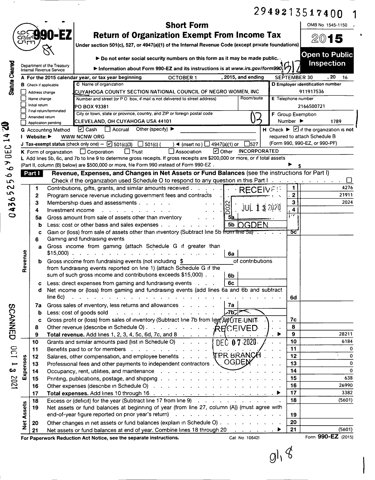 Image of first page of 2015 Form 990EZ for National Council of Negro Women