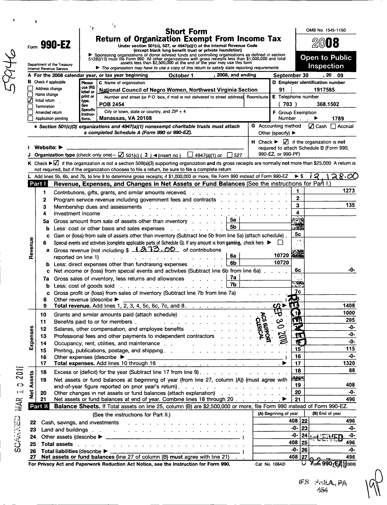 Image of first page of 2008 Form 990EZ for National Council of Negro Women / Va007 Northwest Virginia Section