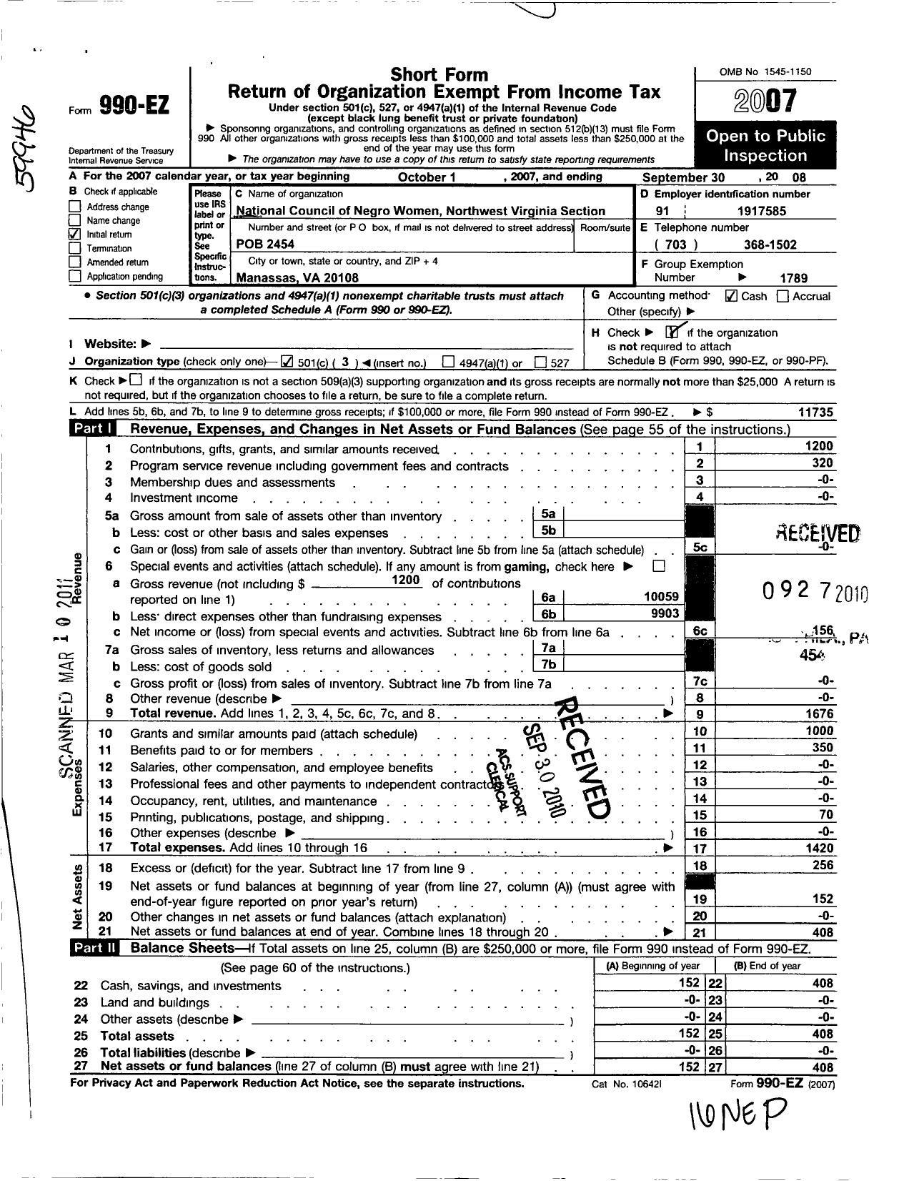 Image of first page of 2007 Form 990EZ for National Council of Negro Women / Va007 Northwest Virginia Section