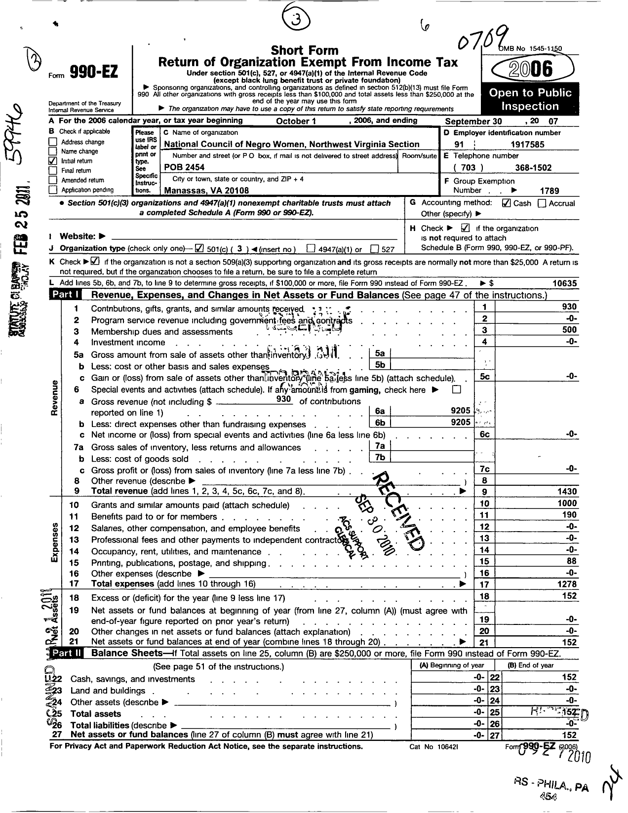 Image of first page of 2006 Form 990EZ for National Council of Negro Women / Va007 Northwest Virginia Section