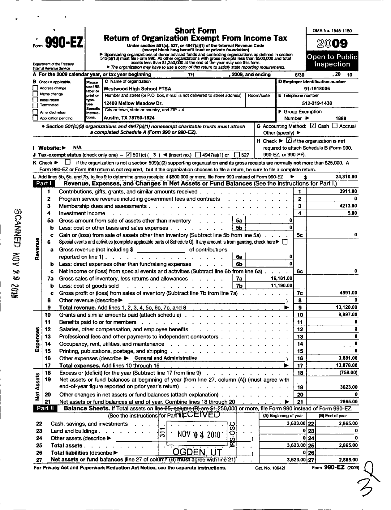 Image of first page of 2009 Form 990EZ for Texas PTA - 7889 Westwood Senior High Ptsa