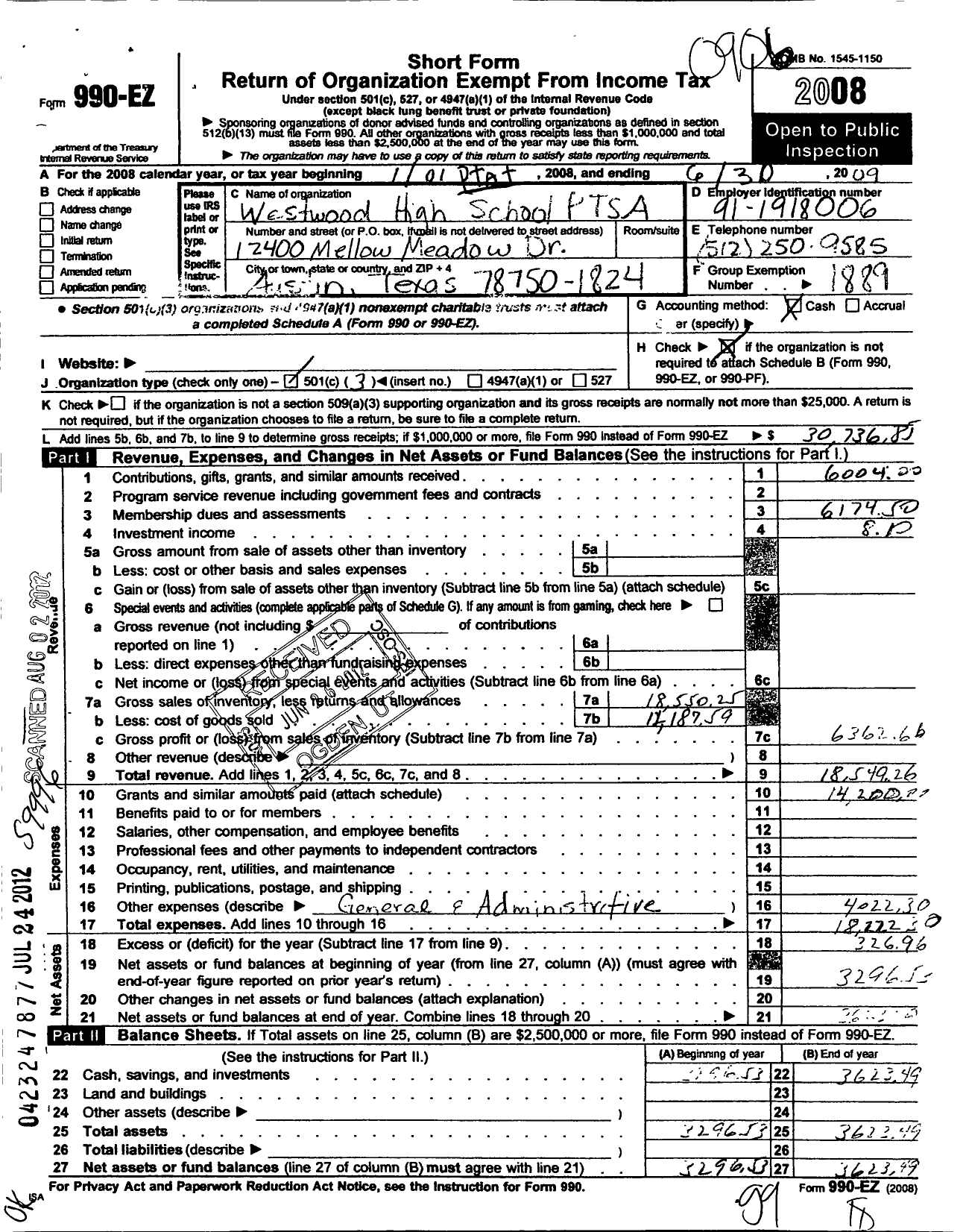 Image of first page of 2008 Form 990EZ for Texas PTA - 7889 Westwood Senior High Ptsa