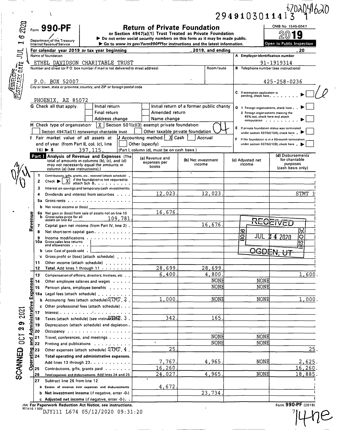 Image of first page of 2019 Form 990PF for Ethel Davidson Charitable Trust