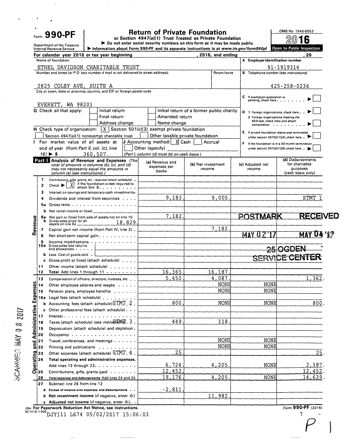 Image of first page of 2016 Form 990PF for Ethel Davidson Charitable Trust