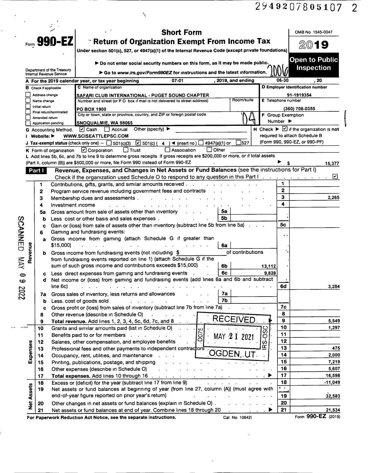 Image of first page of 2019 Form 990EO for Safari Club International / Seattle Puget Sound Chapter