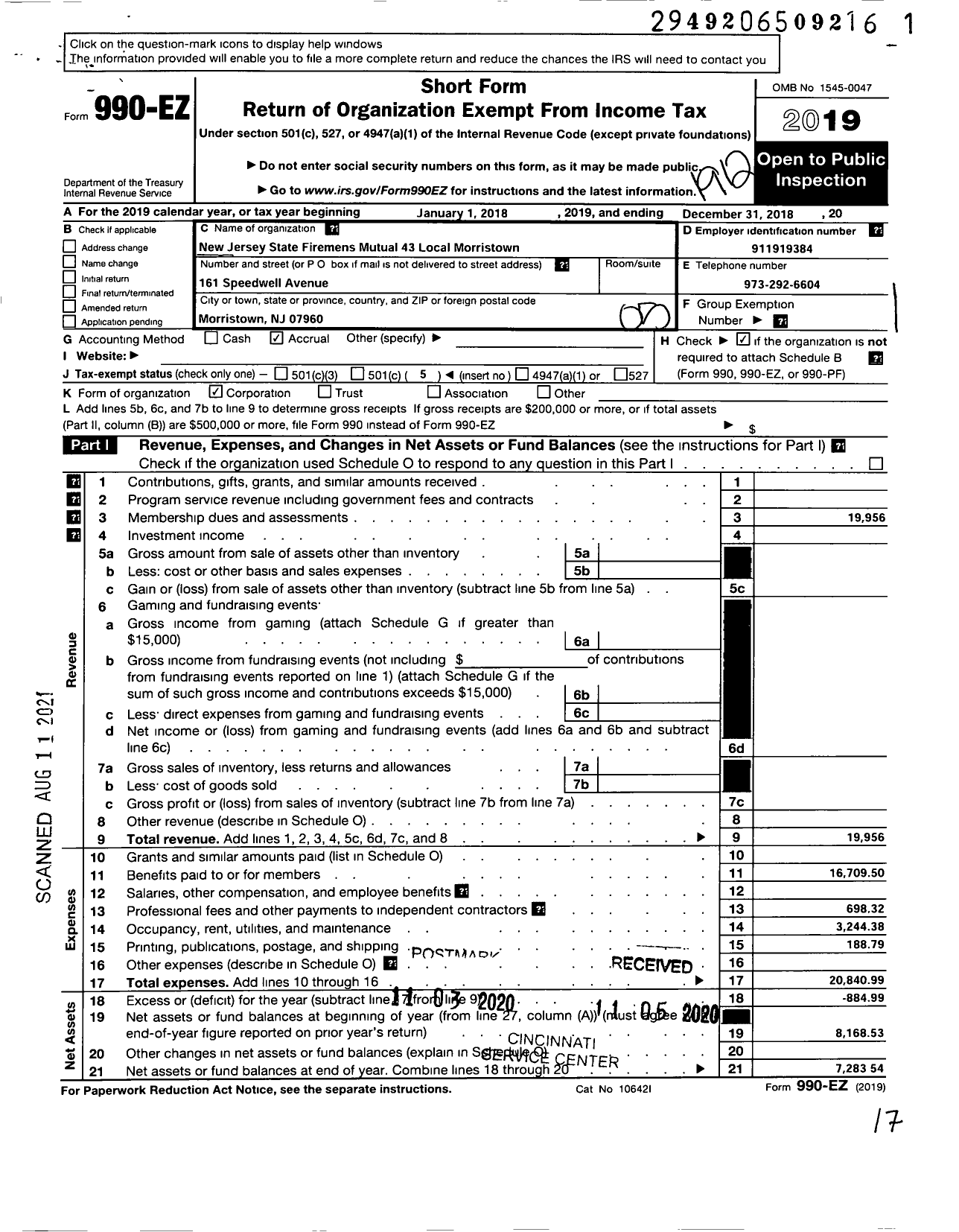 Image of first page of 2019 Form 990EO for New Jersey State Firemens Mutual 43 Local Morristown