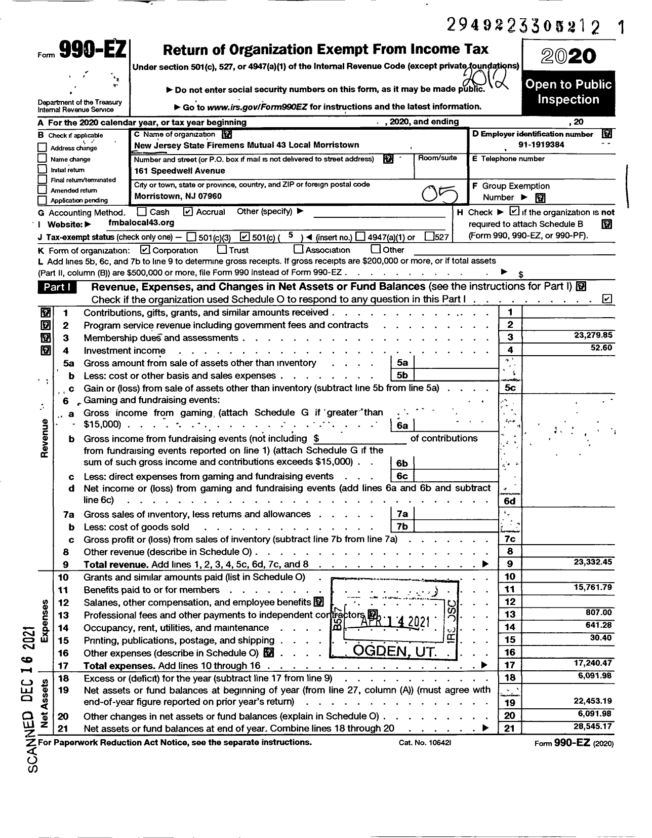 Image of first page of 2020 Form 990EO for New Jersey State Firemens Mutual 43 Local Morristown