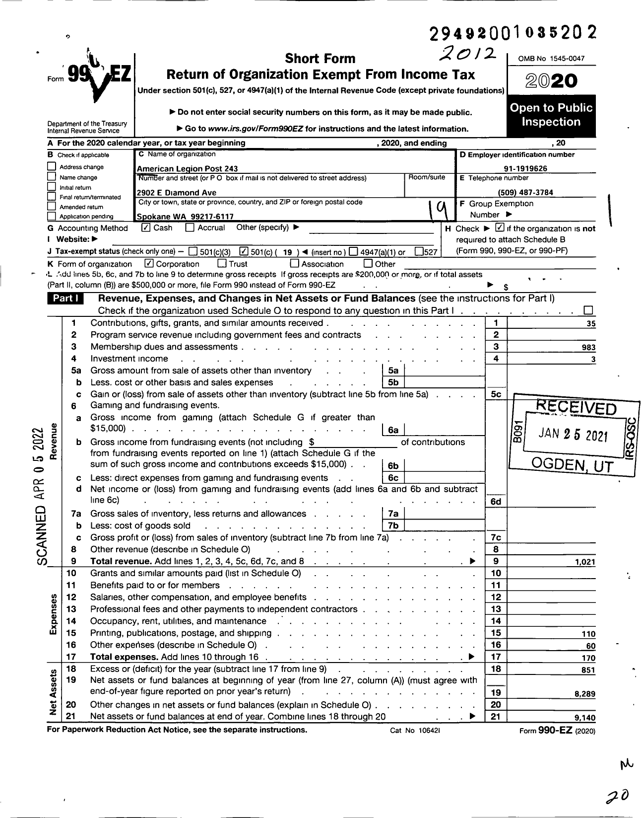 Image of first page of 2020 Form 990EO for AMERICAN LEGION - 243 North Spokane Inc Post