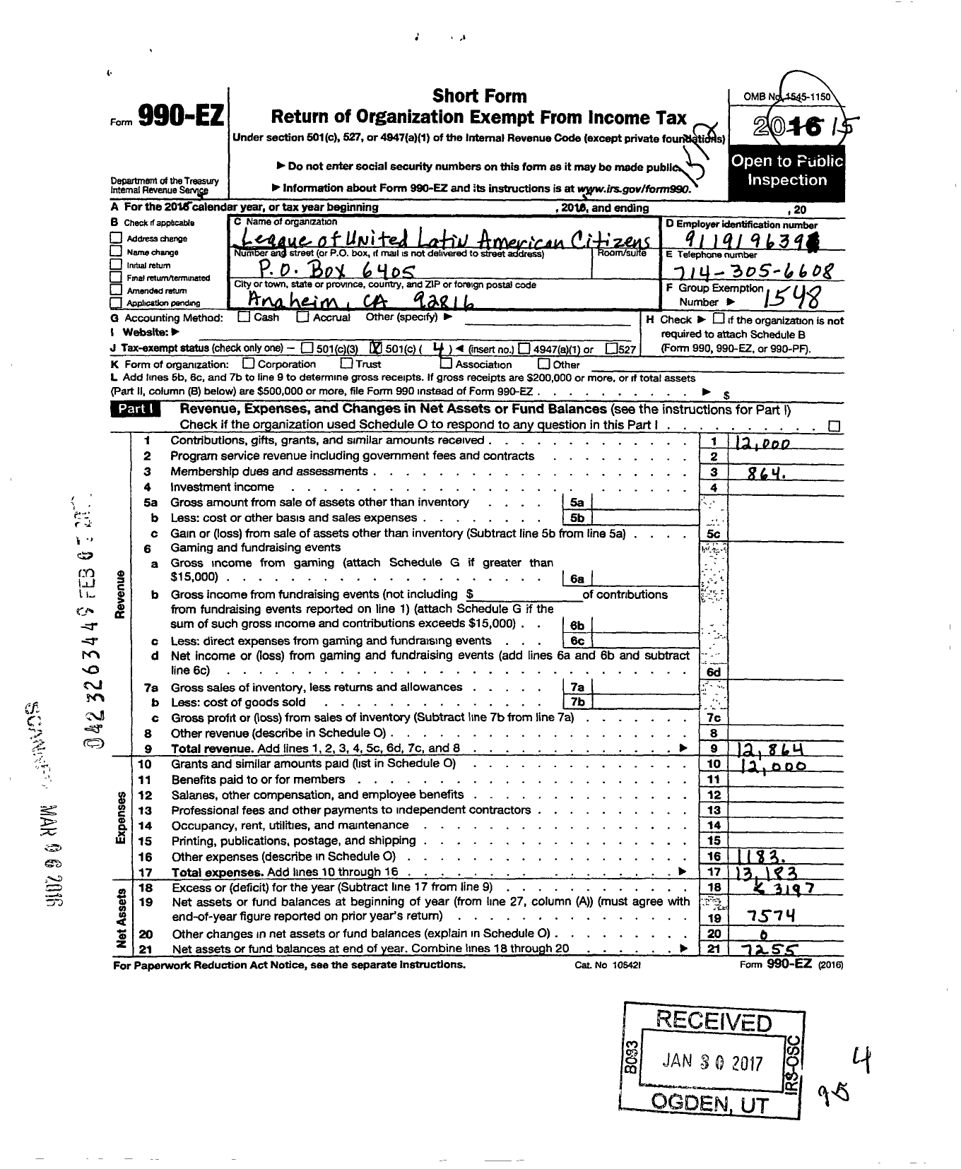 Image of first page of 2015 Form 990EO for League of United Latin American Citizens - 2848 Anaheim Council