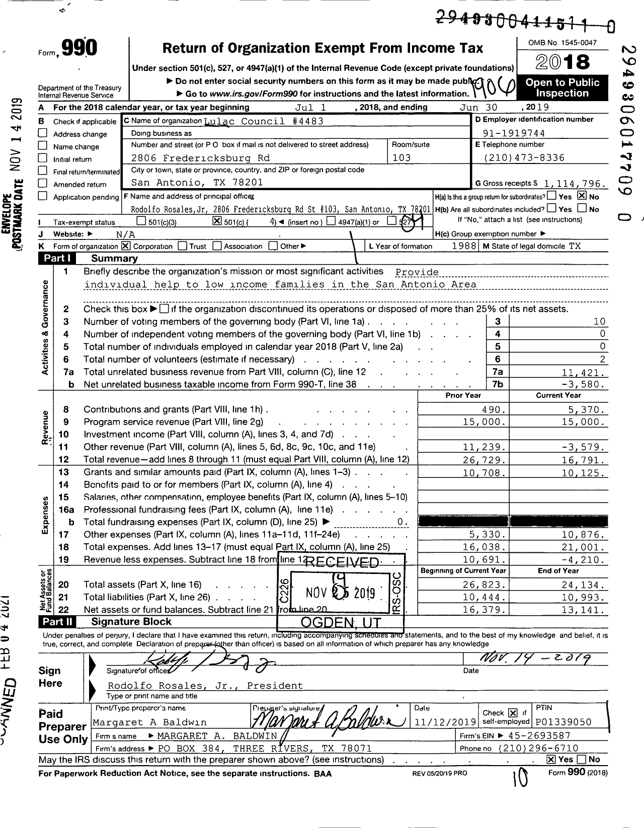 Image of first page of 2018 Form 990O for League of United Latin American Citizens - 4483 San Antonio Council