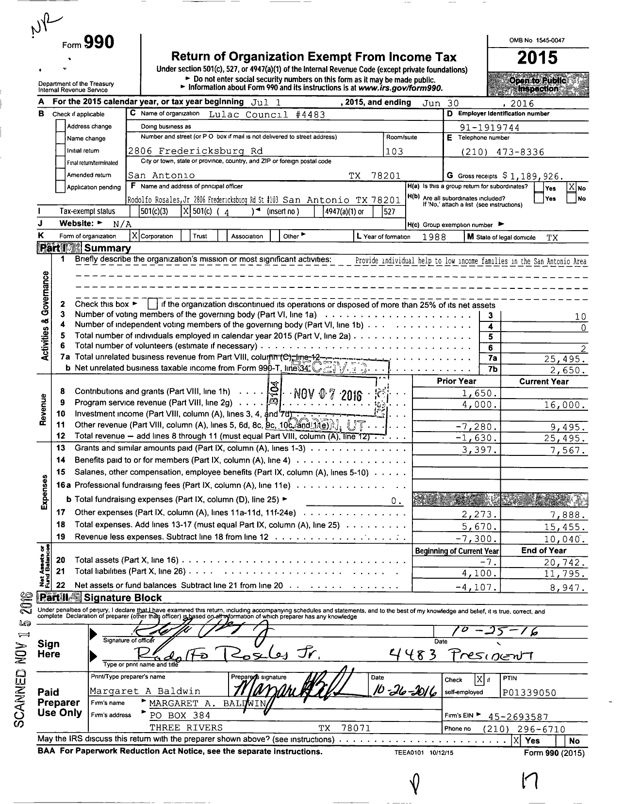 Image of first page of 2015 Form 990O for League of United Latin American Citizens - 4483 San Antonio Council