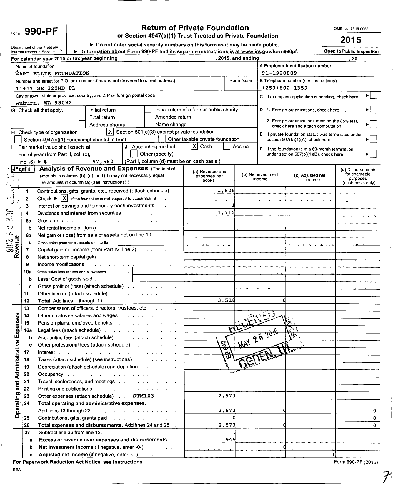 Image of first page of 2015 Form 990PF for Ward Ellis Foundation