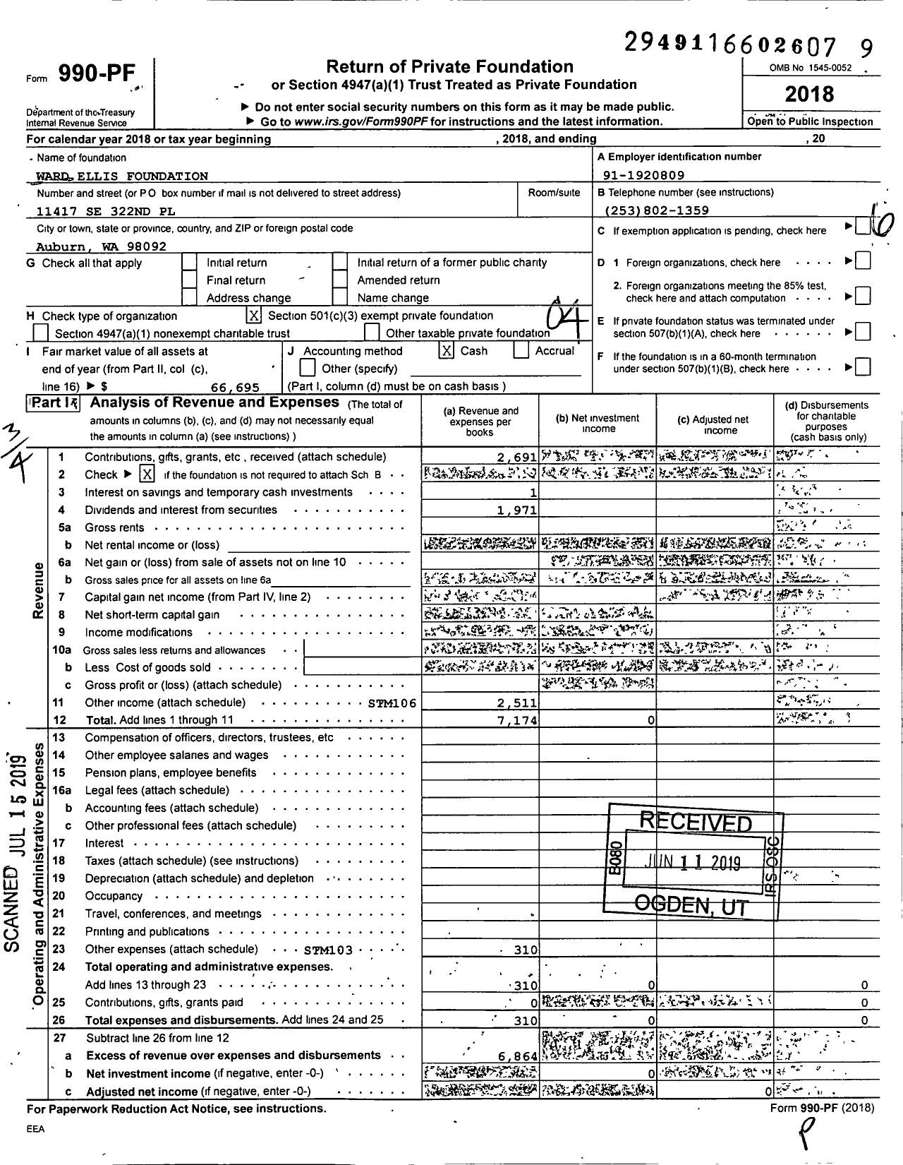 Image of first page of 2018 Form 990PF for Ward Ellis Foundation