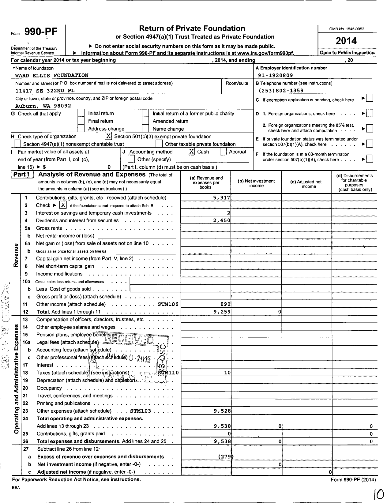 Image of first page of 2014 Form 990PF for Ward Ellis Foundation