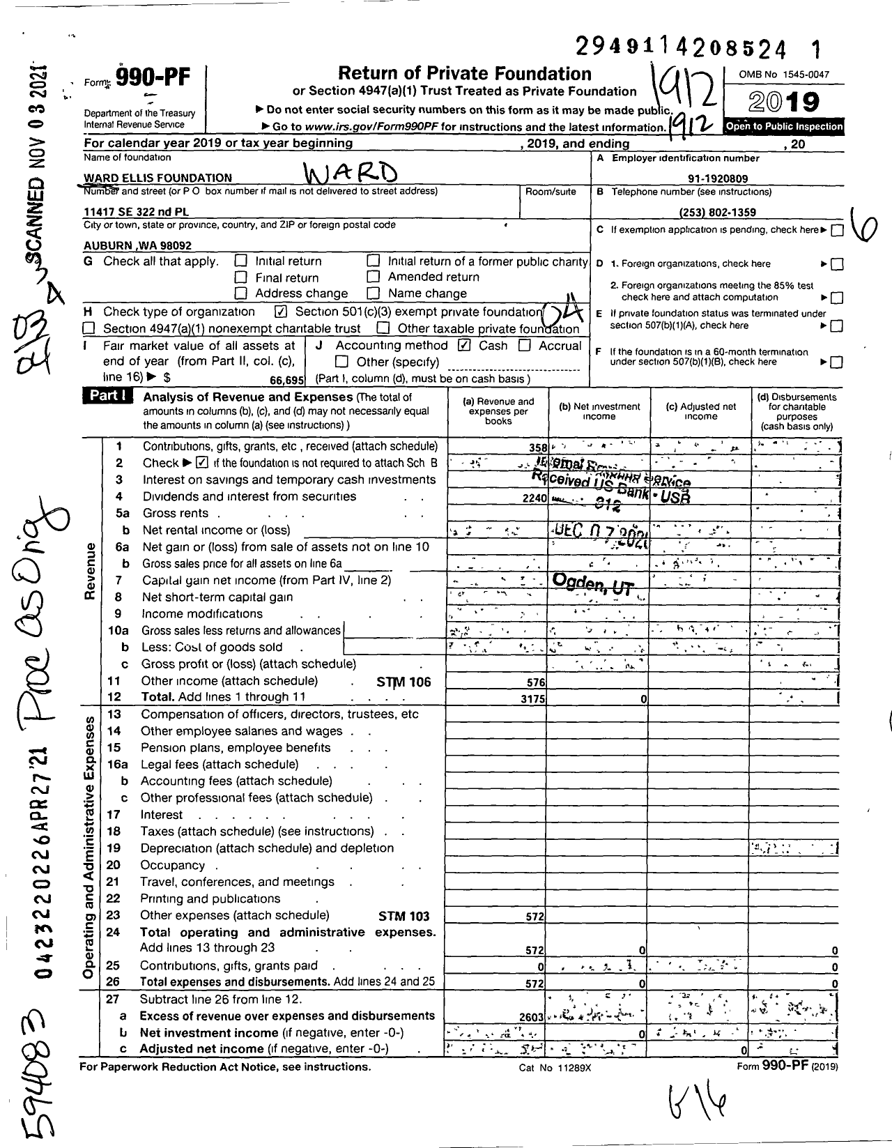 Image of first page of 2019 Form 990PF for Ward Ellis Foundation