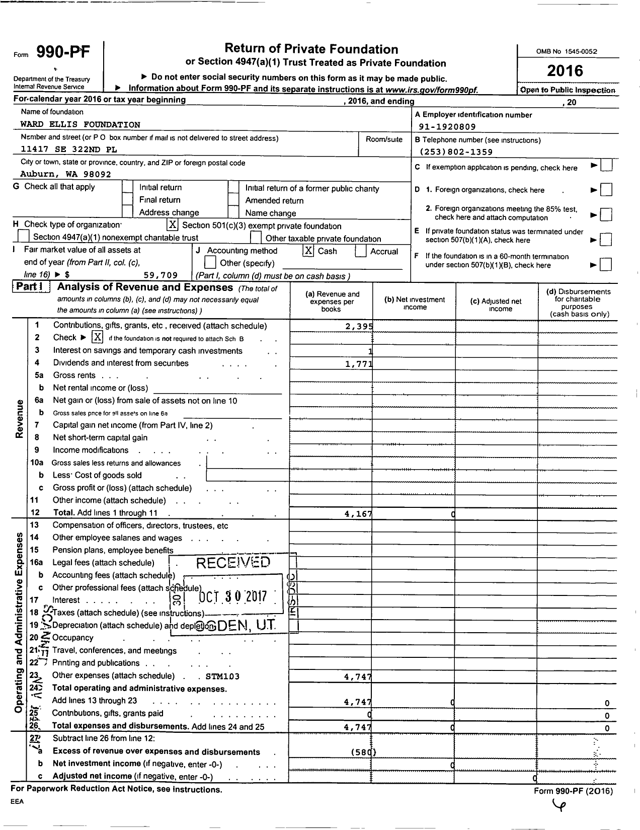 Image of first page of 2016 Form 990PF for Ward Ellis Foundation