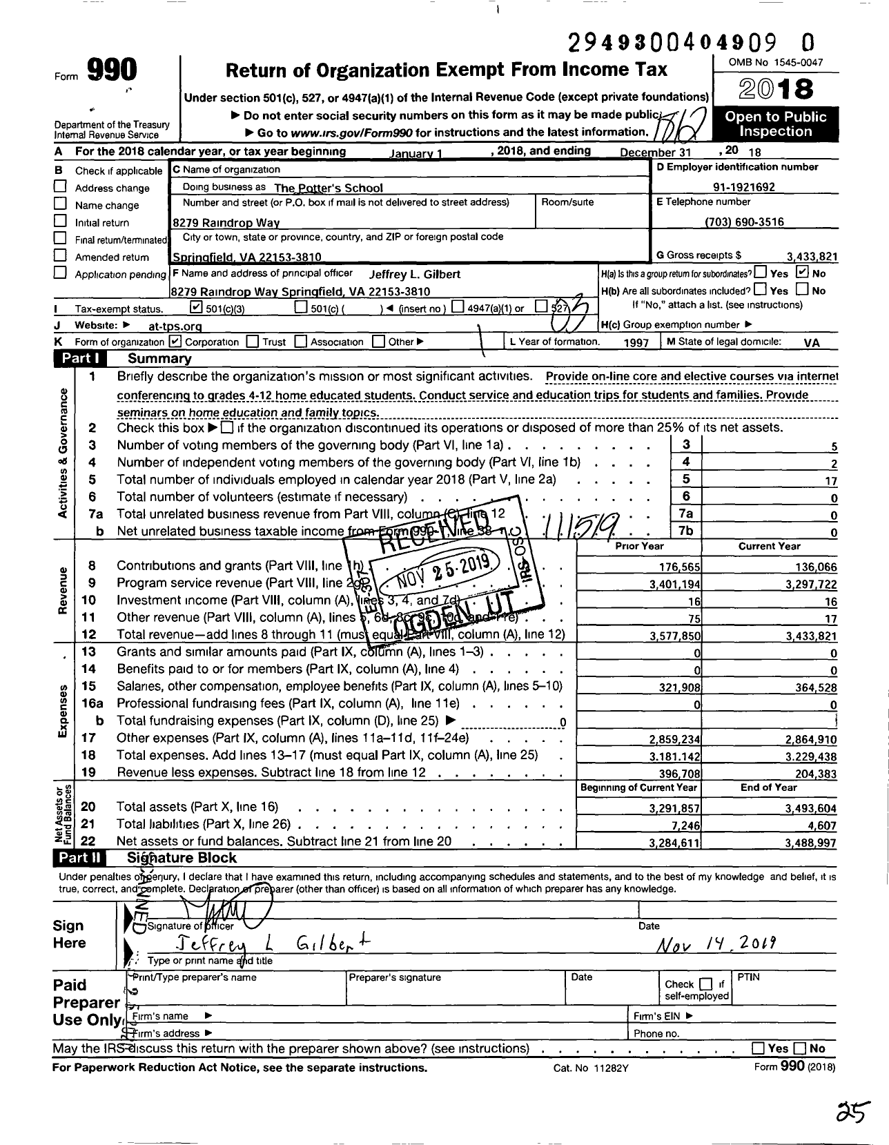 Image of first page of 2018 Form 990 for Potters School