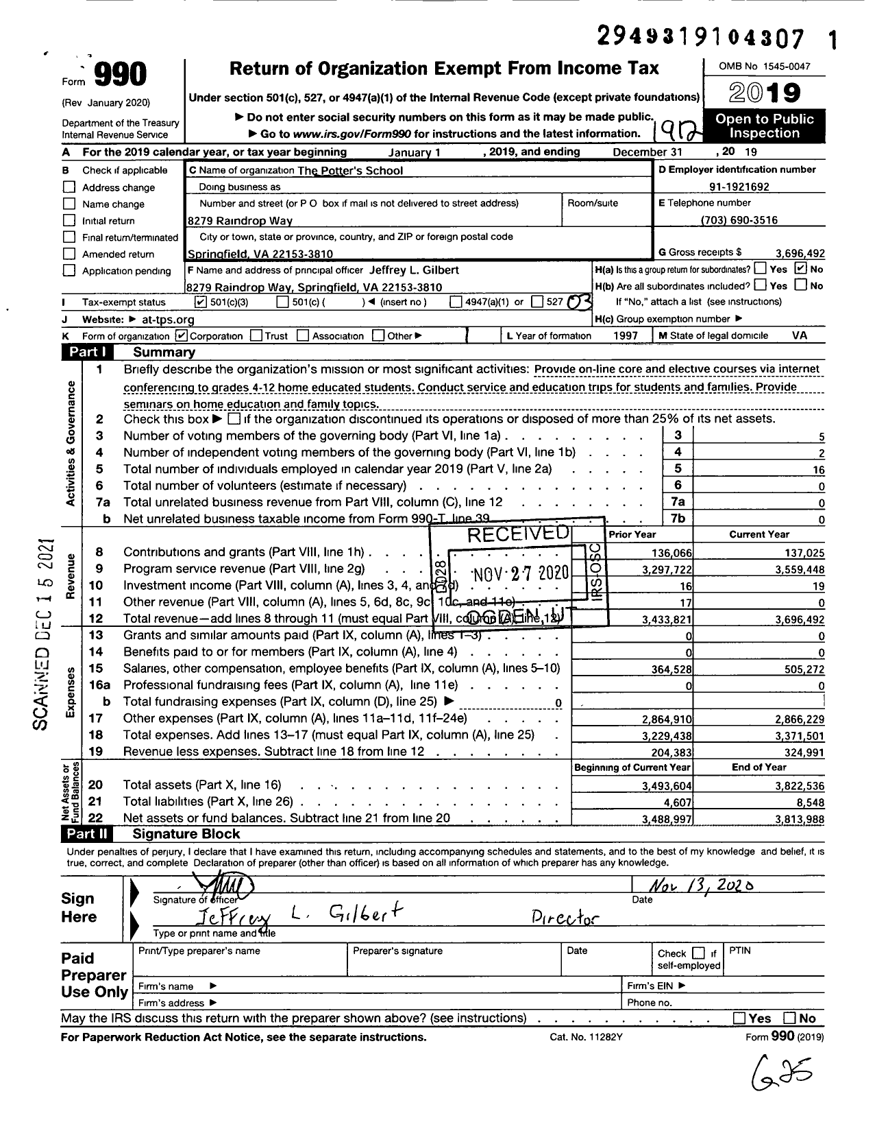 Image of first page of 2019 Form 990 for Potters School