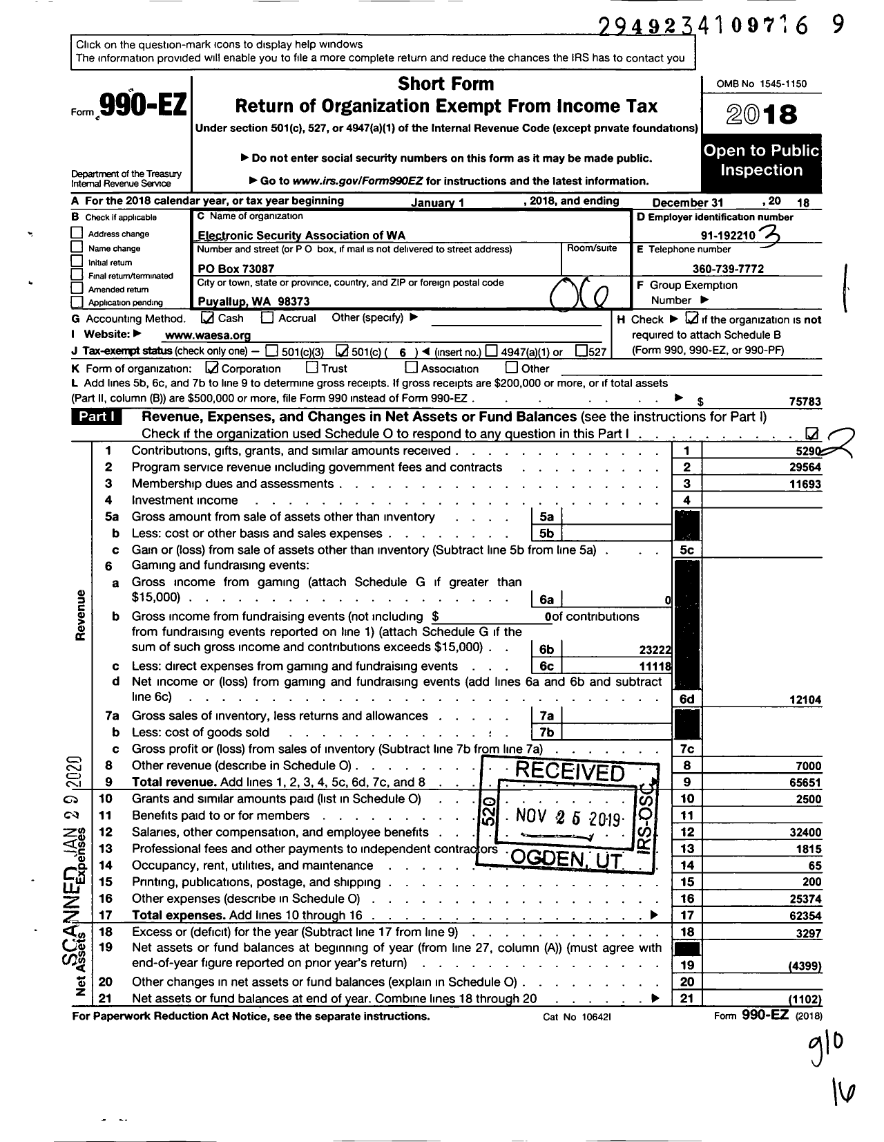 Image of first page of 2018 Form 990EO for Security Integration Life Safety Assoc of the NW